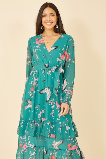 Yumi Green Crane Print Long Sleeve Wrap Midi Dress