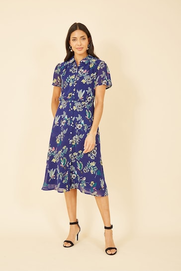 Yumi Blue Bird Print Midi Shirt Dress