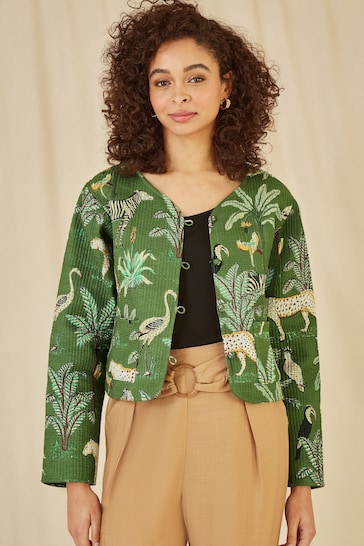 Yumi Green Animal Print Reversible Cotton Cropped Quilted Jacket
