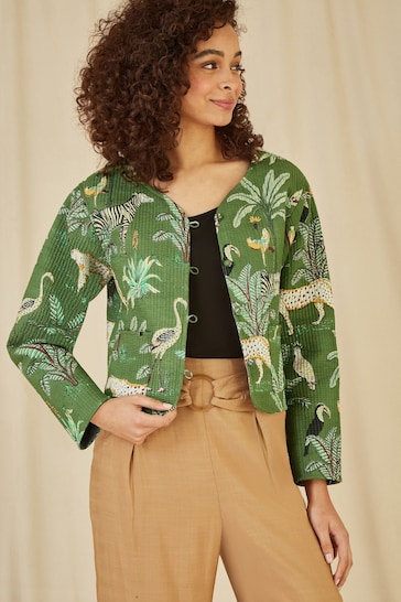 Yumi Green Animal Print Reversible Cotton Cropped Quilted Jacket