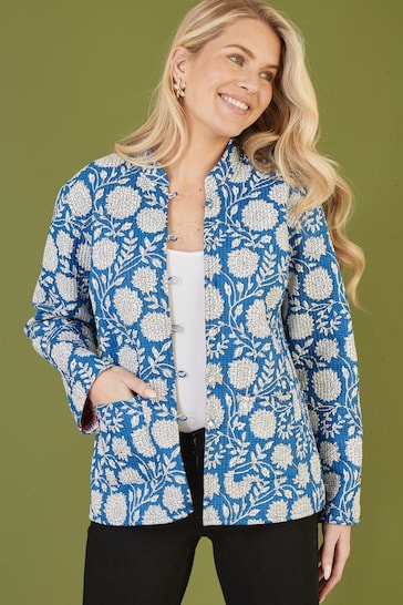 Yumi Dark Blue Floral Print Reversible Cotton Quilted Jacket