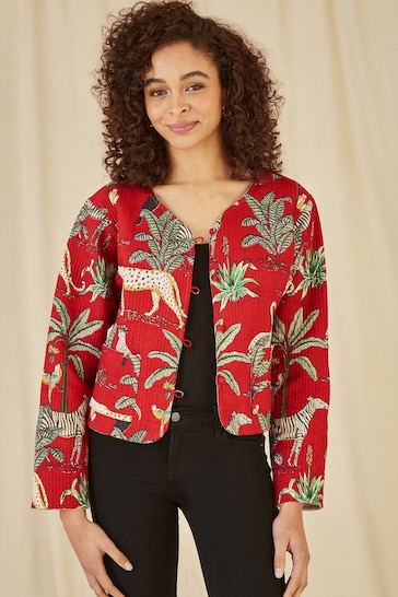 Yumi Red Animal Print Reversible Cotton Cropped Quilted Jacket