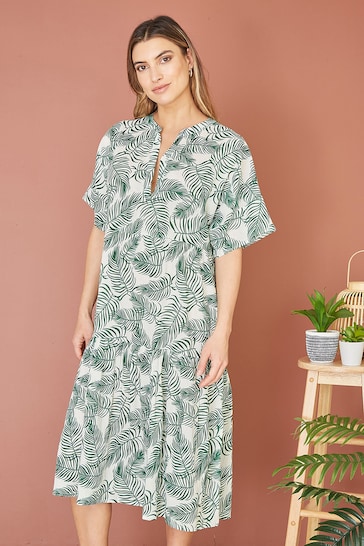 Yumi Green slim-fit Palm Print Tiered Tunic Dress