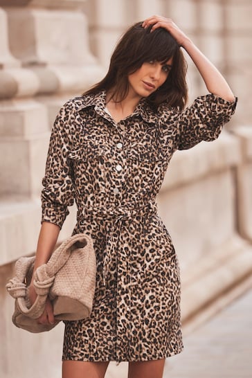 Mint Velvet Brown Leopard Print Denim Mini Shirt Dress