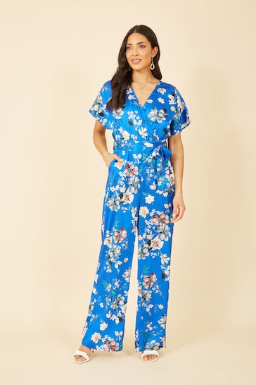 Yumi Blue Satin Wrap Jumpsuit With Kimono Sleeve