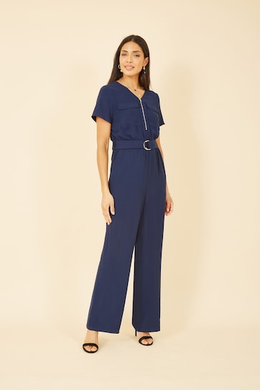 Yumi Blue Utility Jumpsuit With Zip And Belt Detail