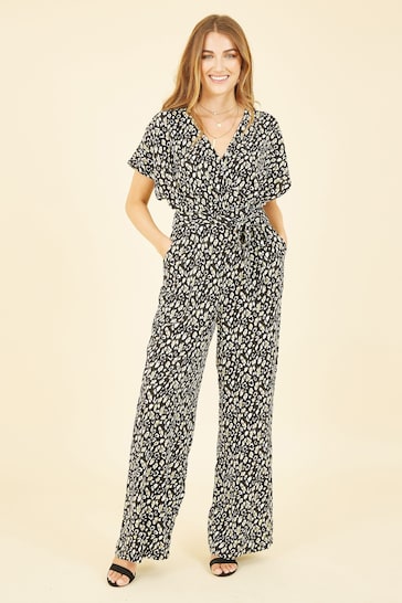 Yumi Black Animal Print Kimono Jumpsuit