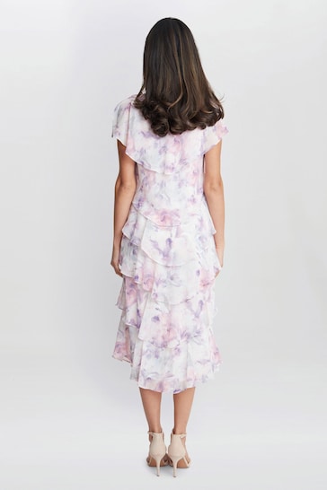 Gina Bacconi Purple Phoebe Midi Printed Tiered Dress With Shoulder Embellishment