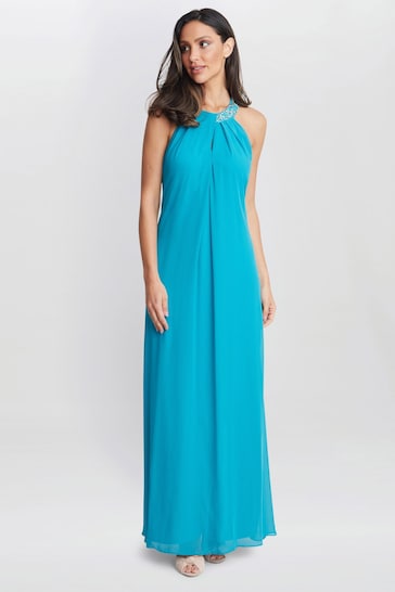 Gina Bacconi Blue Pamela Halter Neck Maxi Dress With Beaded Neckline