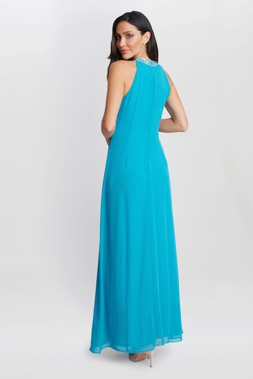 Gina Bacconi Blue Pamela Halter Neck Maxi Dress With Beaded Neckline