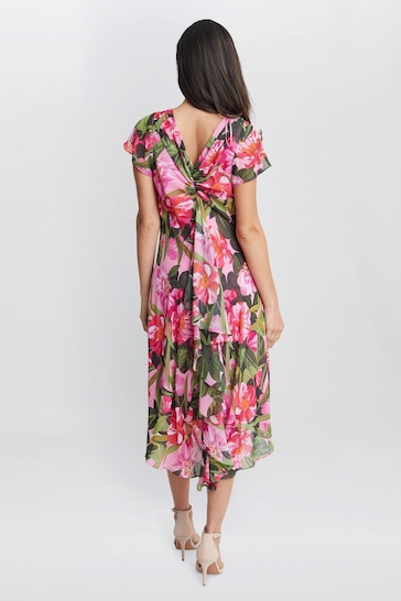 Gina Bacconi Pink Ophelia Midi Printed Cowl Neck Dress With Shoulder Embellishment