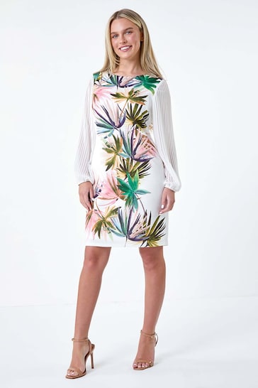 Roman White Tropical Pleat Sleeve Shift Dress