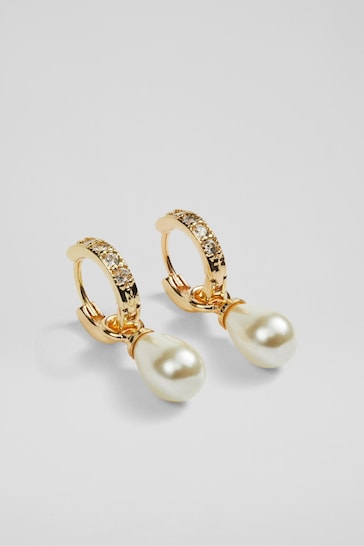 LK Bennett Gold Tone Julie Drop Hoop In And Pearl Earrings