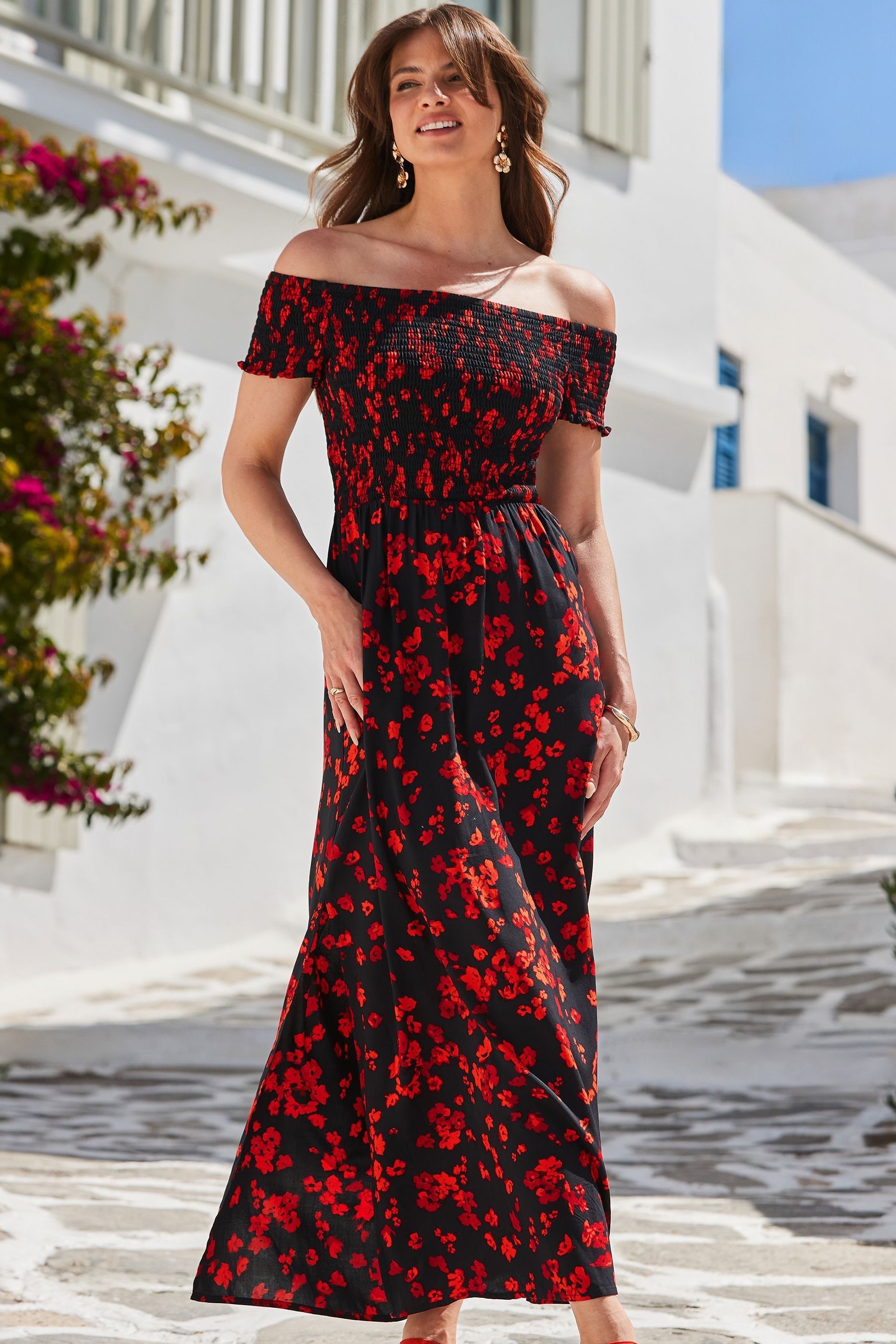 Buy Sosandar Black Floral Print Shirred Body Bardot Maxi Dress from the Next UK online shop
