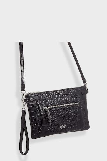 Osprey London The Ruby Leather Crossbody Croc Clutch Black Bag