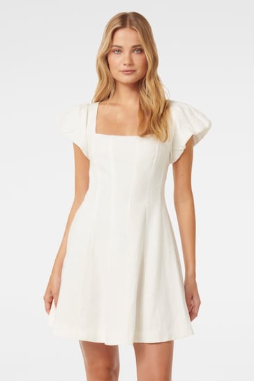 Forever New White Pure Linen Josie Square Neck Mini Dress