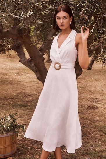 Forever New White Pure Linen Paulina Collar Detail Belted Midi Dress