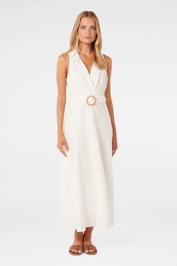 Forever New White Pure Linen Paulina Collar Detail Belted Midi Dress
