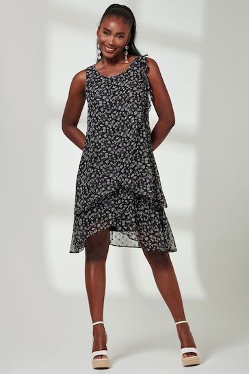 Jolie Moi Black Frill Chiffon Mini Swing Dress