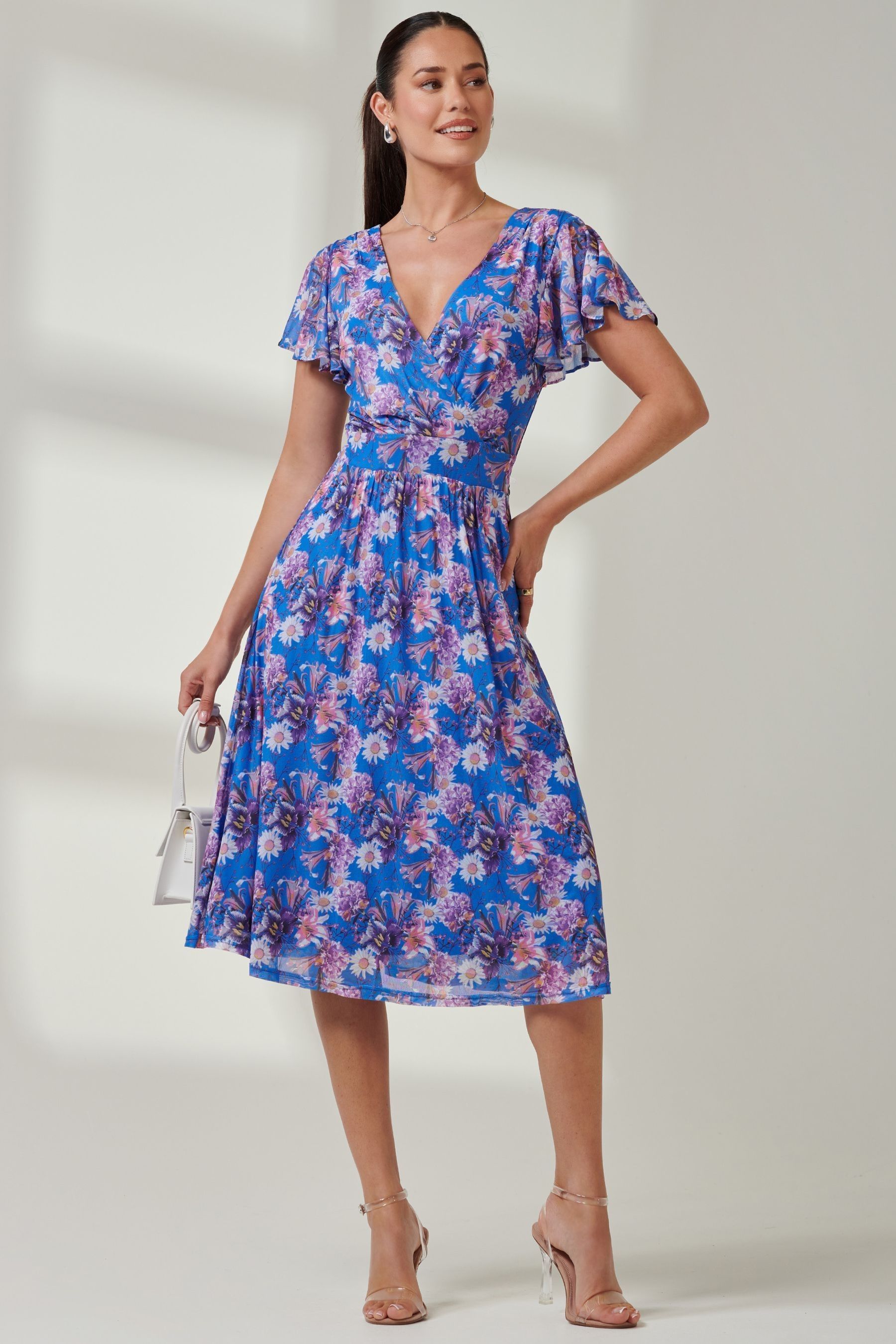 Jolie Moi Blue Fit Flare Mesh Midi Dress