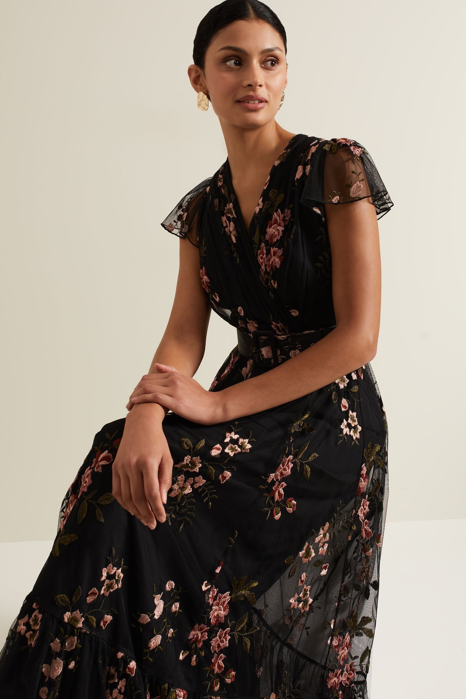 Black mesh embroidered dress clearance