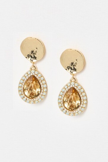 Oliver Bonas Gold Tone Kitty Circular Disc & Glass Stone Drop Earrings