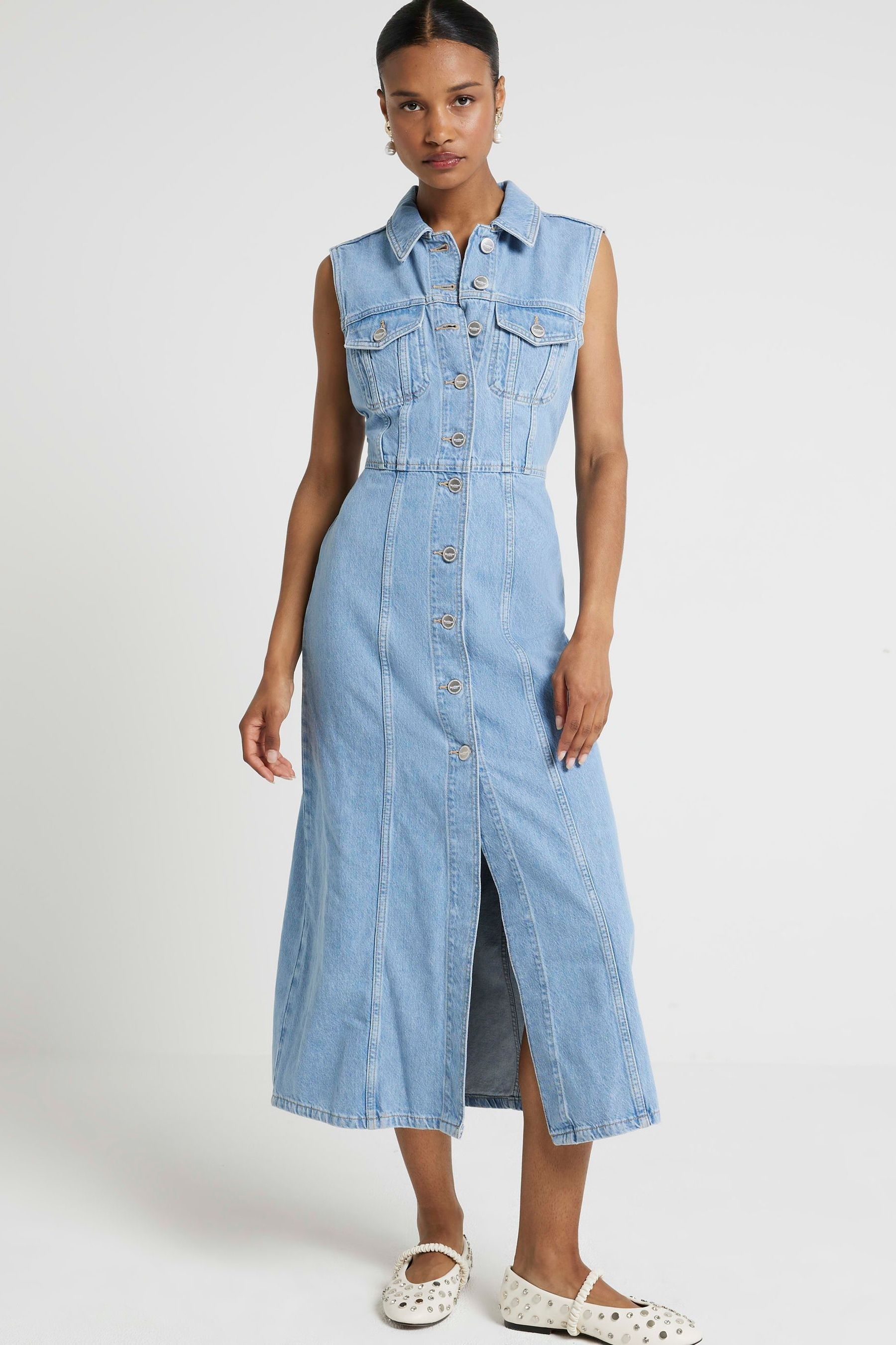 River Island Blue 100 Cotton Denim Midi Pinafore Dress
