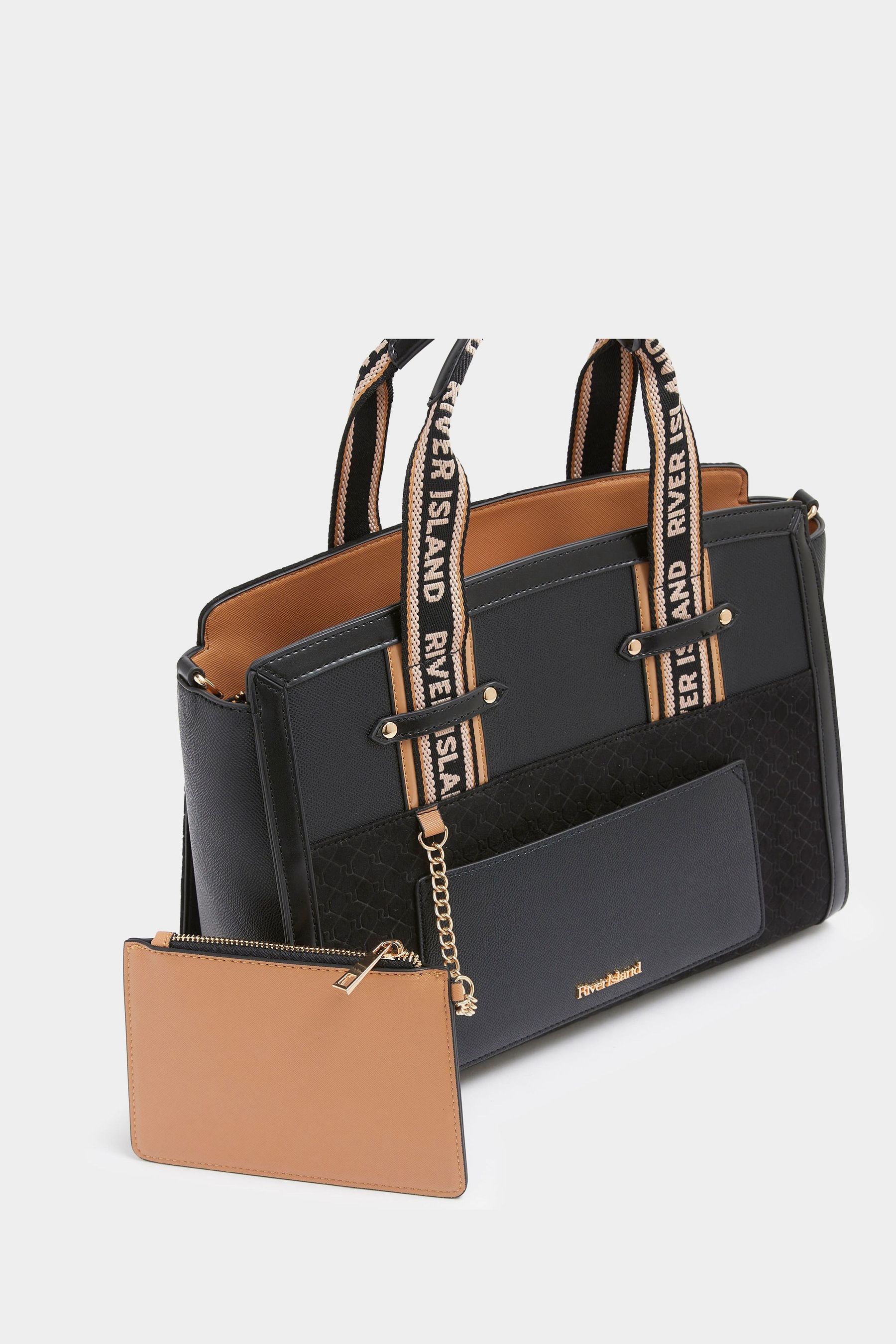 River Island Black Black Webbing Handle Front Pocket Tote Bag