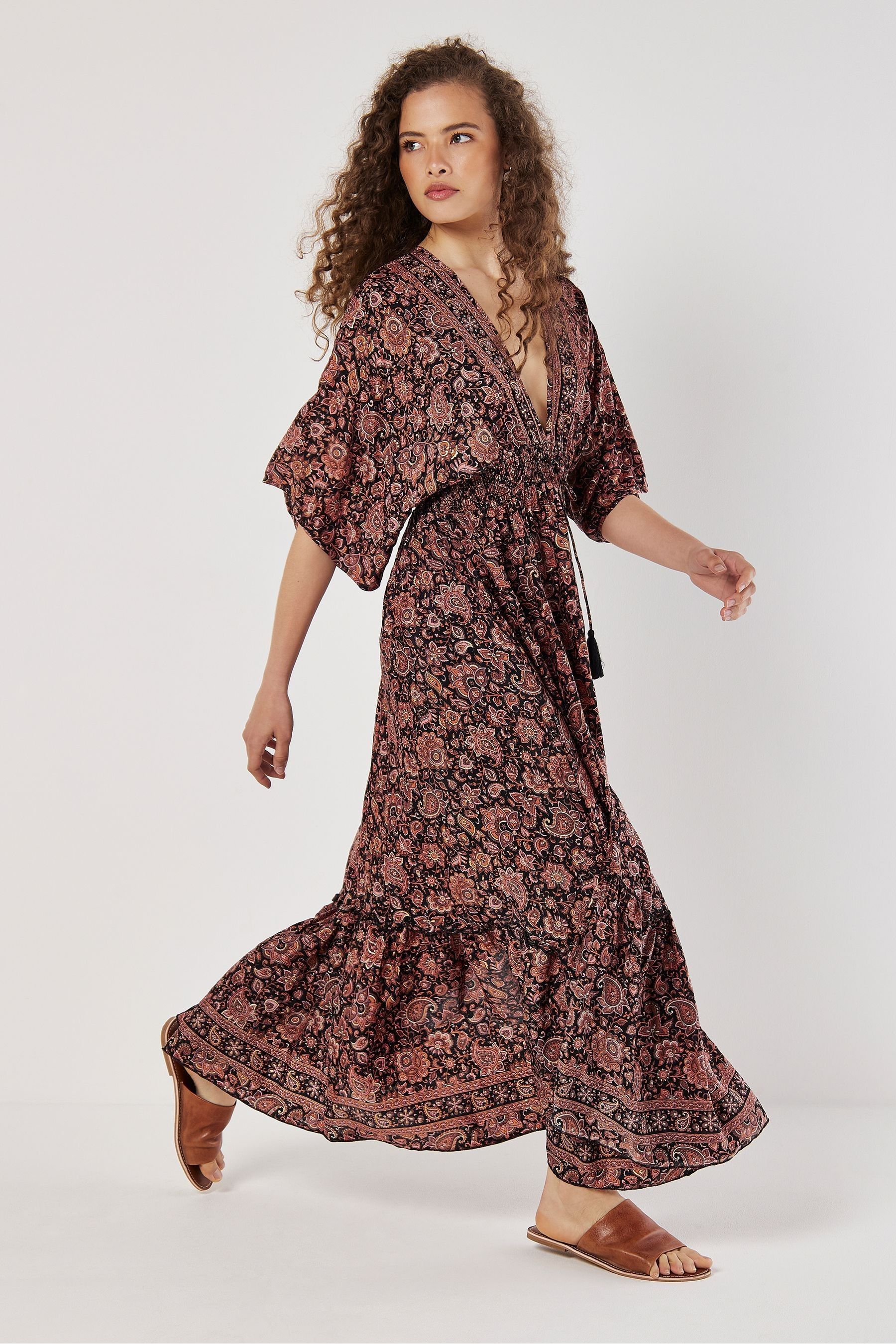 Buy Apricot Black Paisley Foil Flowers Tassel Dress from the Next UK online shop