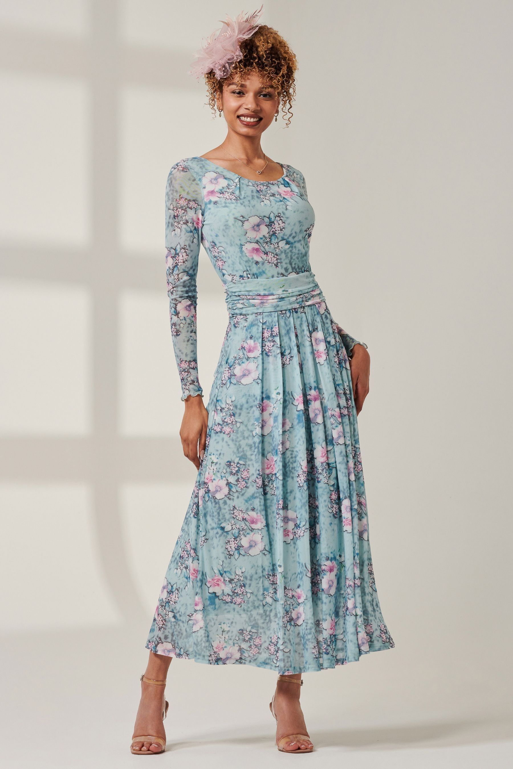 Buy Jolie Moi Blue Floral Long Sleeve Mesh Maxi Dress from the Next UK ...