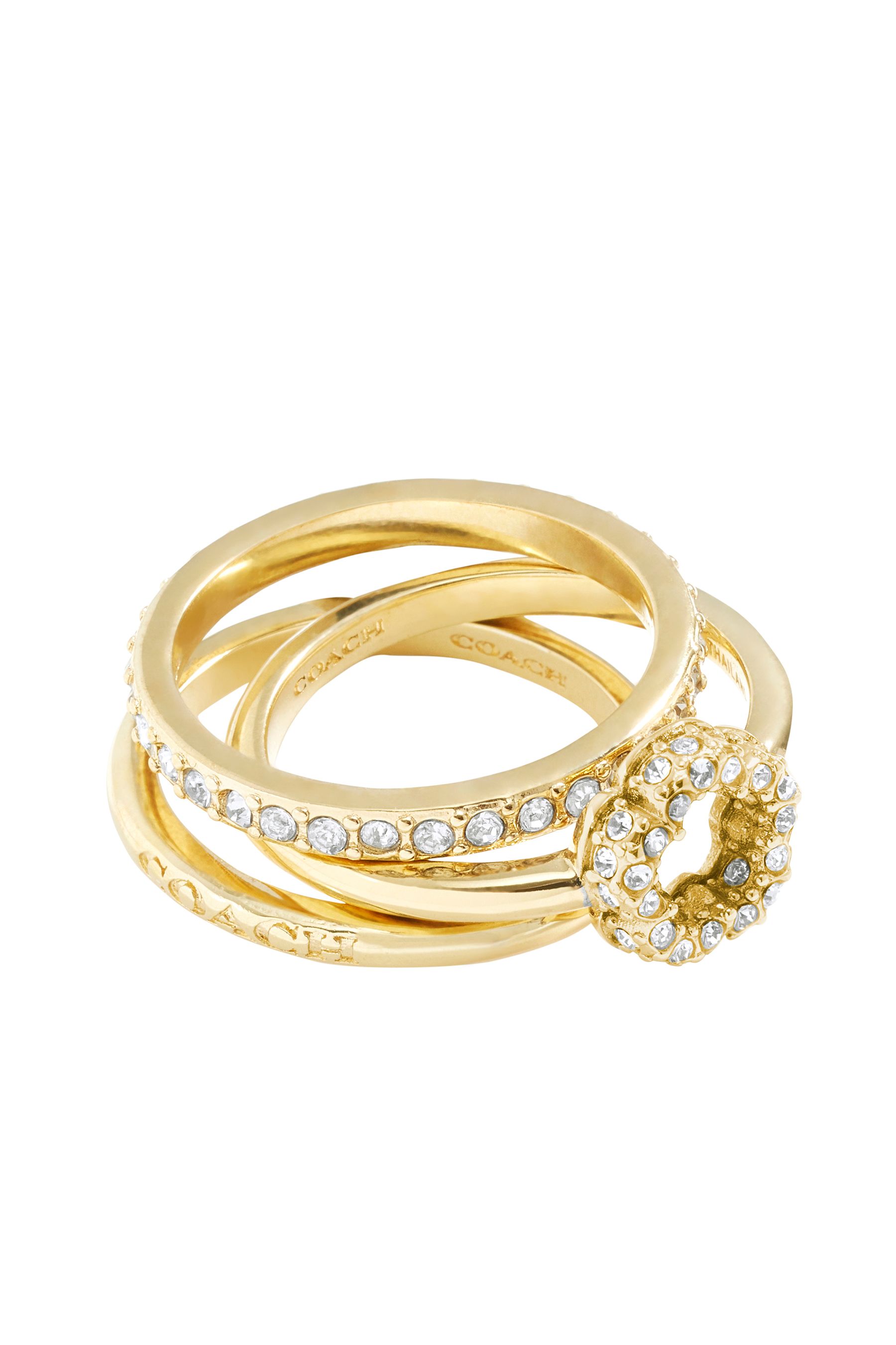 COACH Gold Tone Signature Pave Tea Rose Ring Set