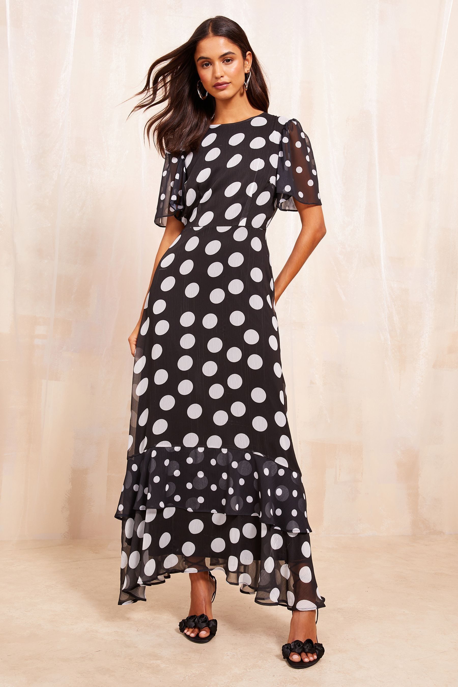 Friends Like These Black White Short Sleeve Chiffon Tiered Midi Dress