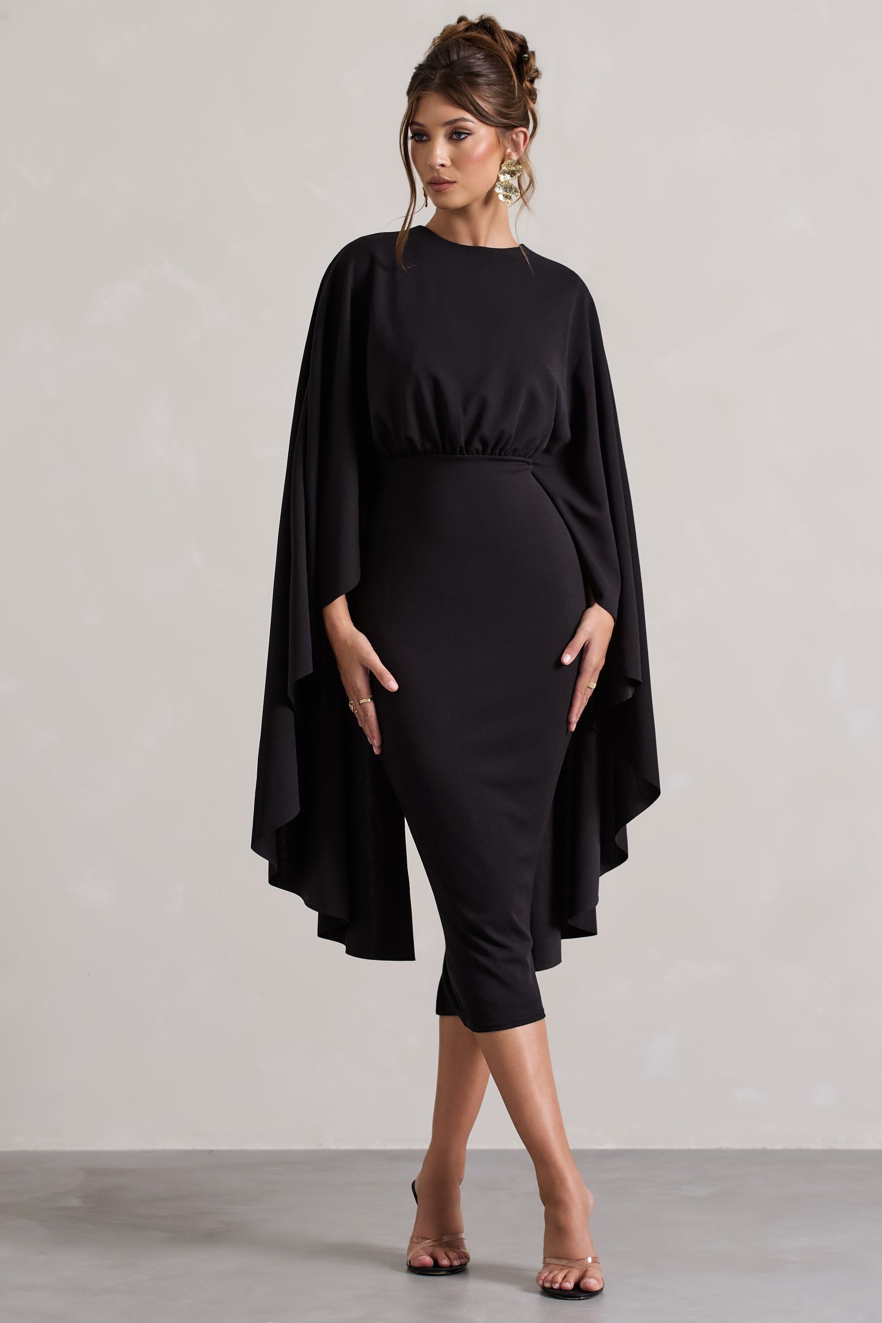 Black dress with cape attached cheap