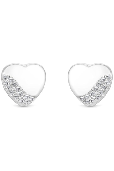 Simply Silver Silver Tone Sterling 925 Polished and Pave Heart Stud Earrings