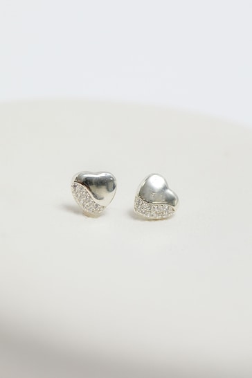 Simply Silver Silver Tone Sterling 925 Polished and Pave Heart Stud Earrings