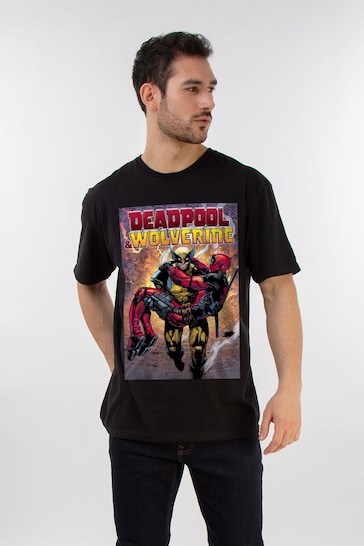 Brands In Black Mens Deadpool and Wolverine Poster T-Shirt