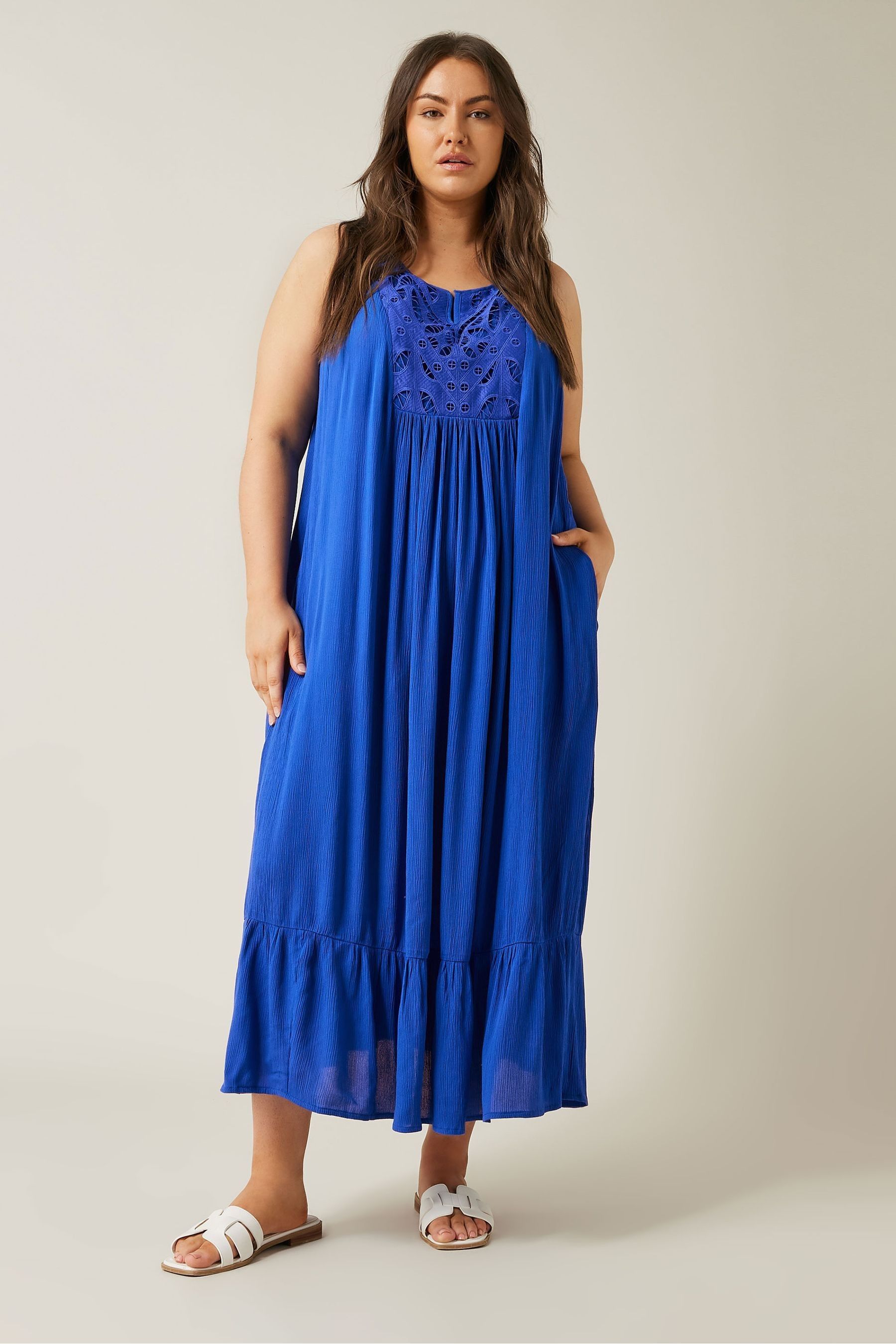 Buy Evans Curve Crinkle Broderie Maxi Blue Dress from the Next UK online shop