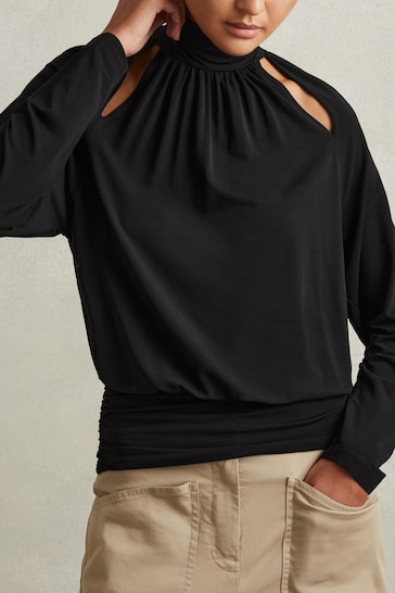 Reiss Black Adrienne Cut-Out Blouson Waist Top