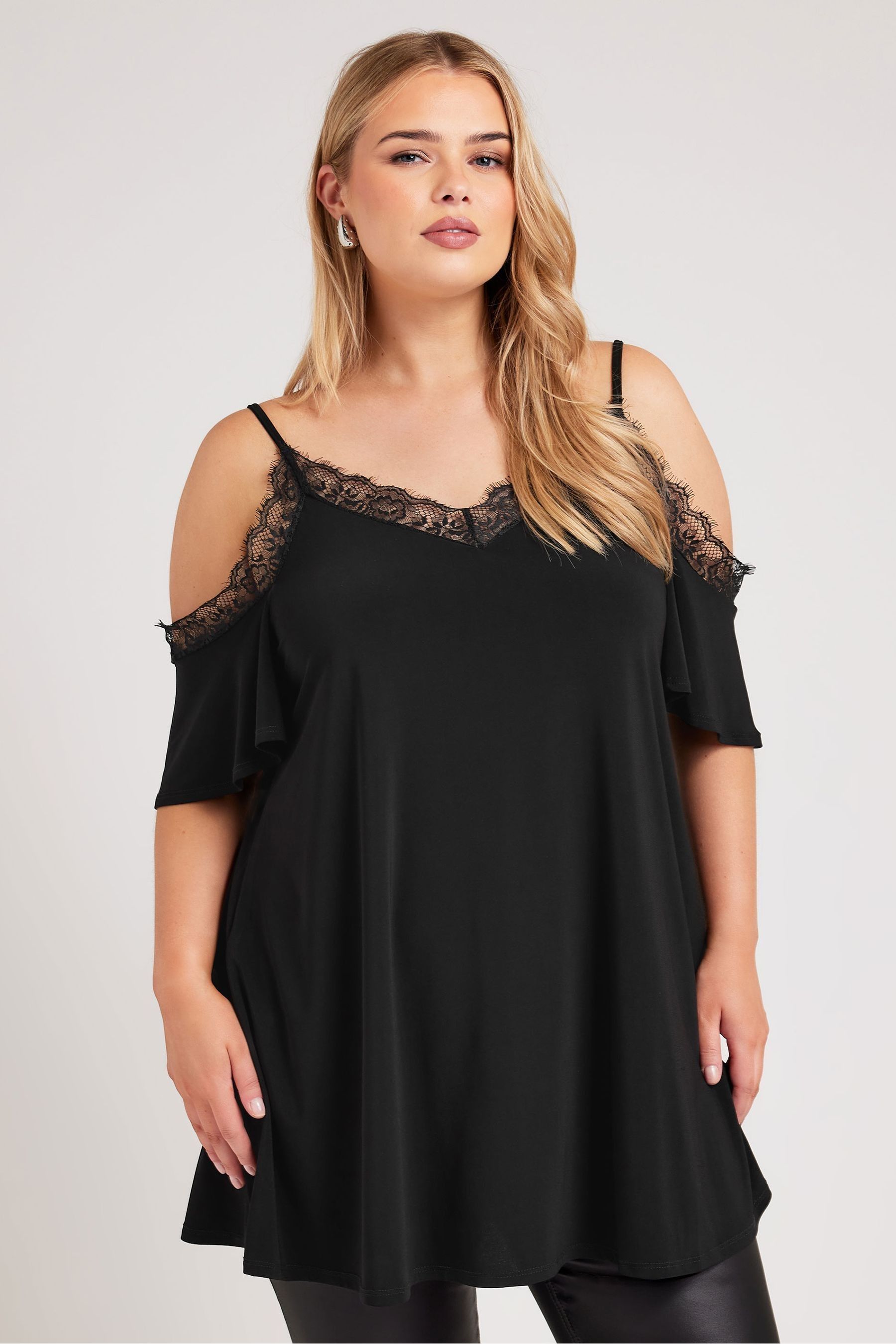 Yours Curve Black Lace Cold Shoulder Swing Top