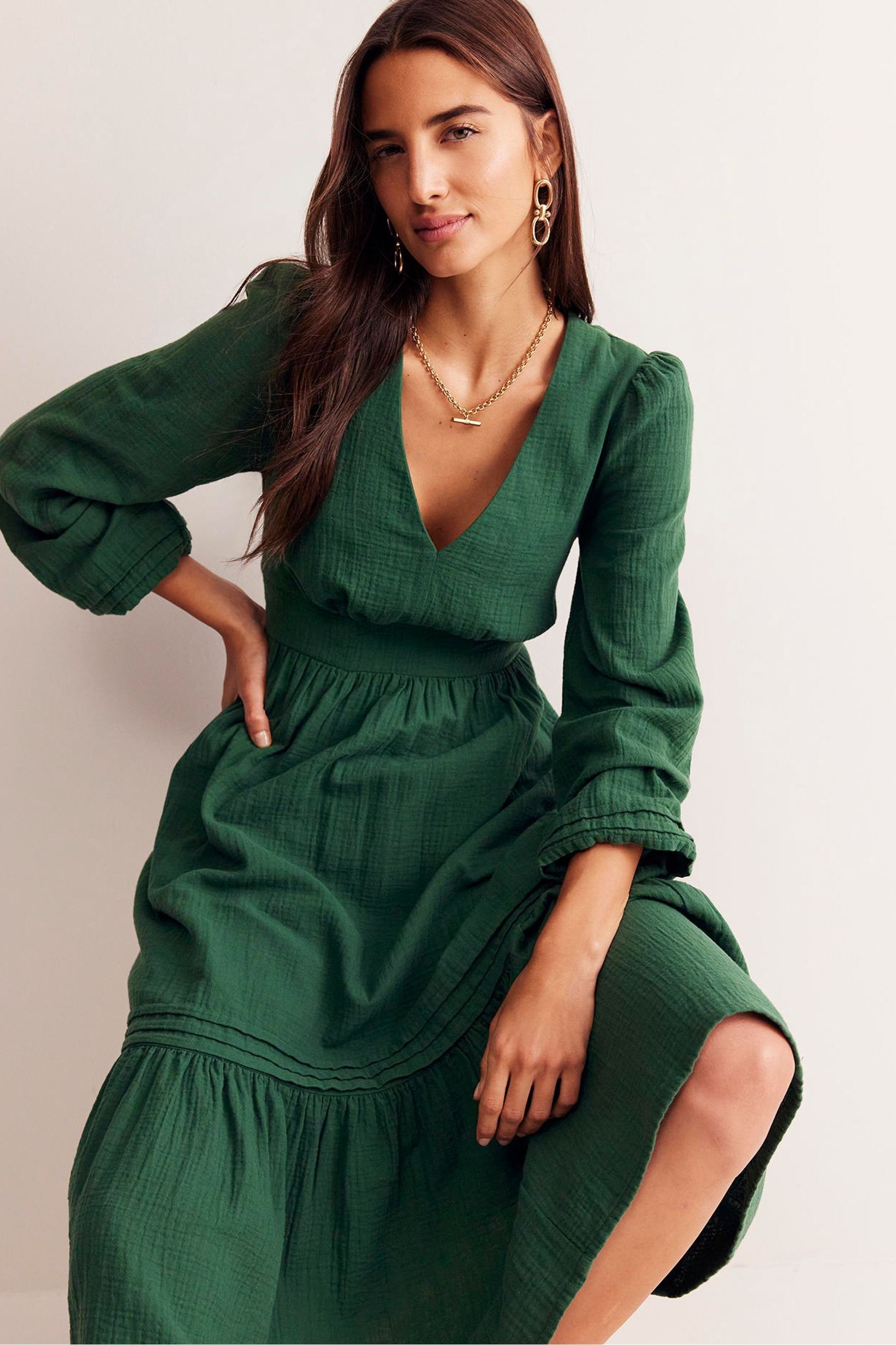 Boden Green Eve 100 Cotton Sleeved Double Cloth Dress