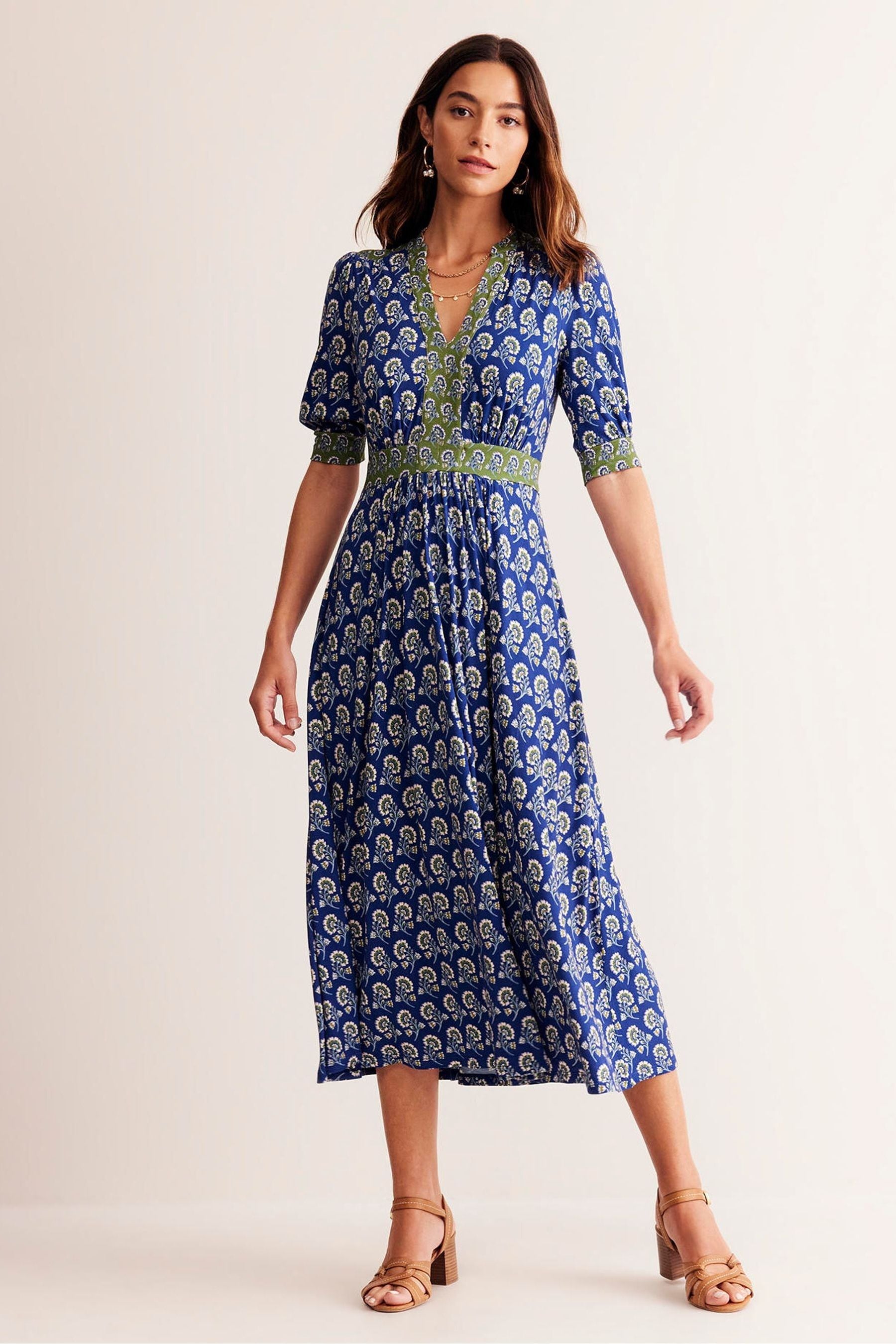 Boden Blue Lily Hotched Jersey Midi Dress