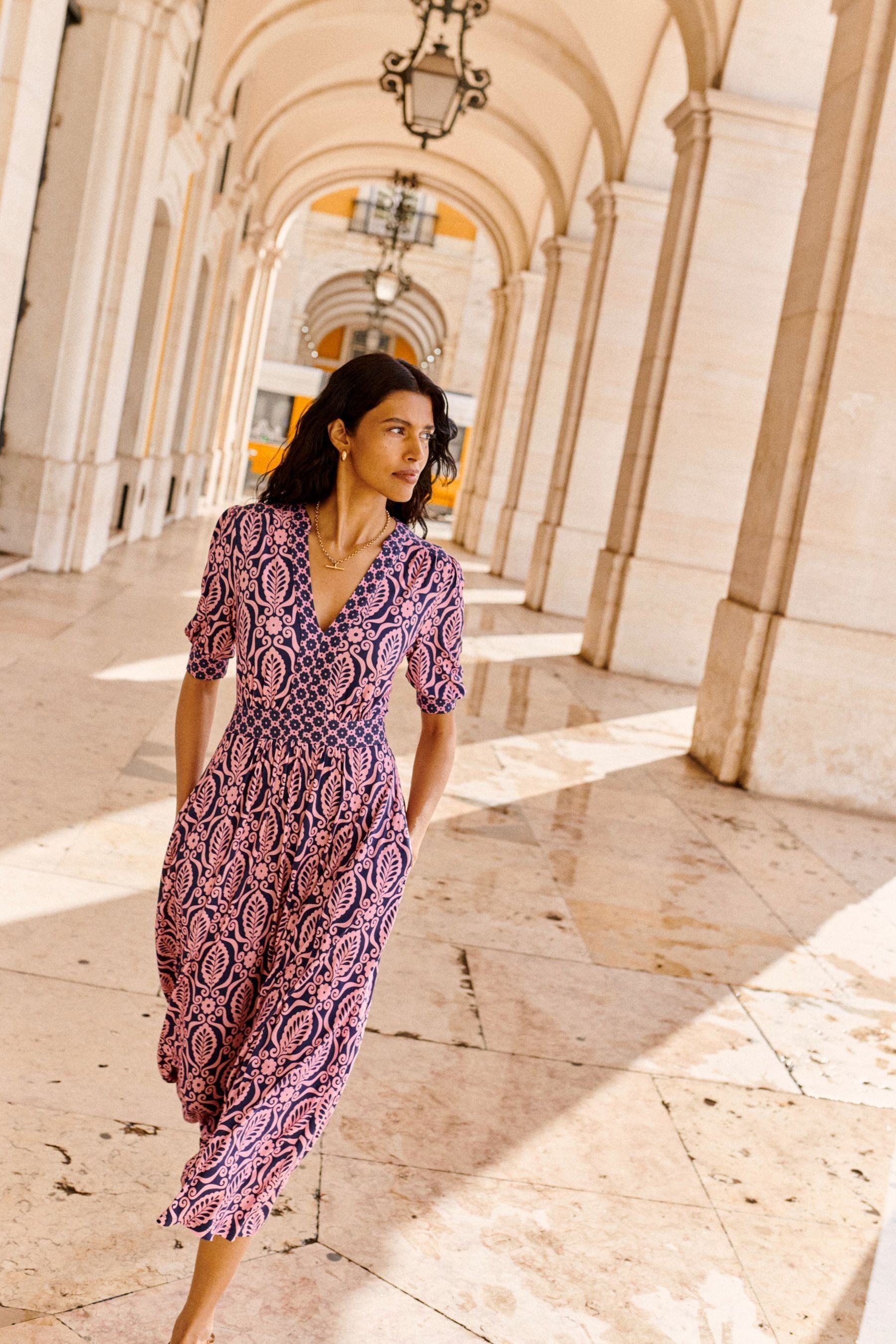 Boden Pink Lily Hotched Jersey Midi Dress