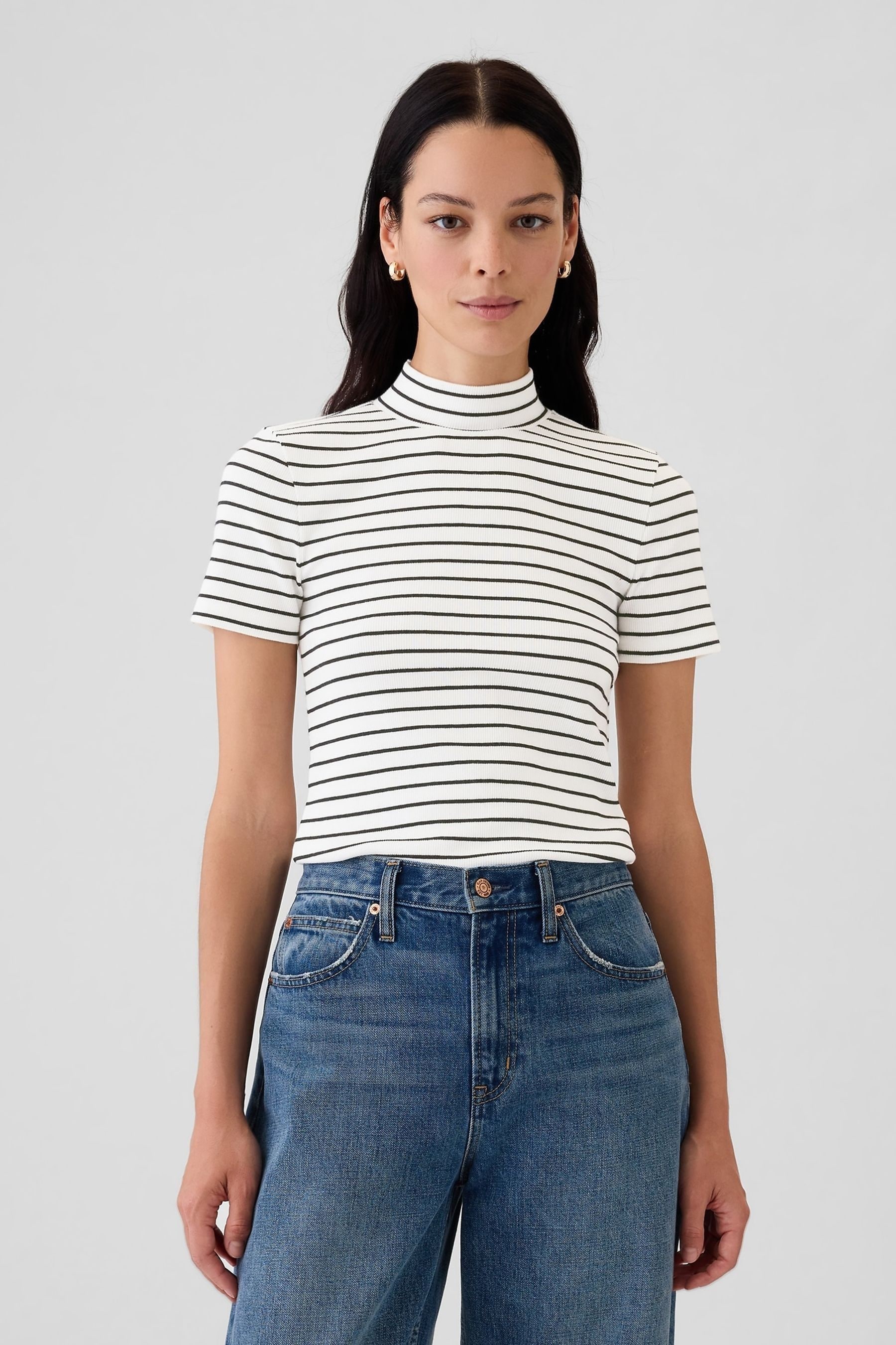 Buy Gap White Black Stripe Modern Rib Mock Neck T Shirt from the Next UK online shop