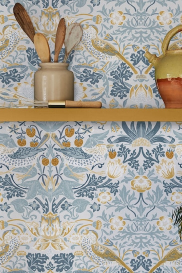 William Morris At Home Soft Blue Strawberry Thief 10M Wallpaper