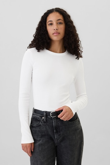 Gap White Ribbed Long Sleeve Crew Neck T-Shirt