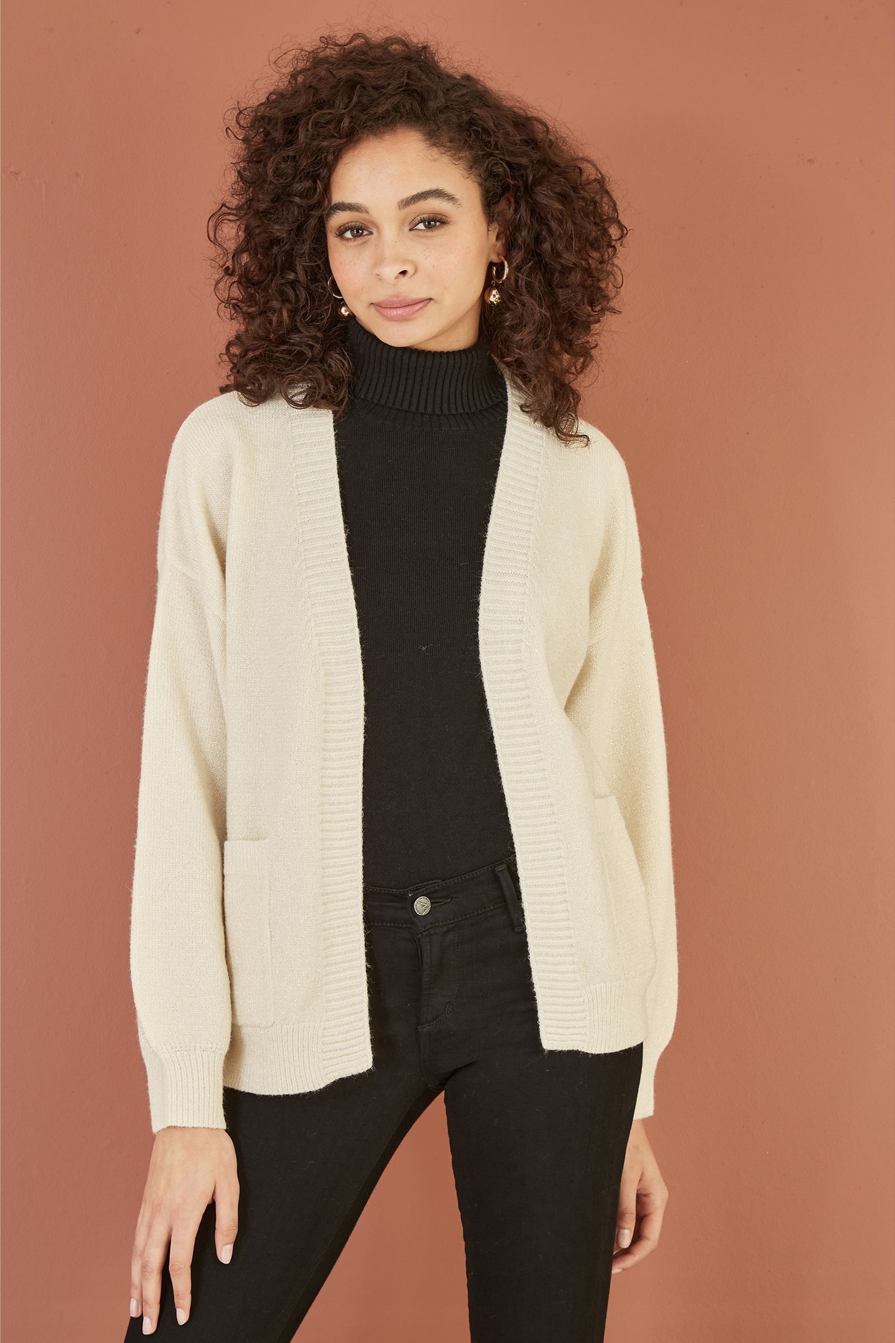 Yumi Cream Metallic Slouchy Cardigan With Pockets