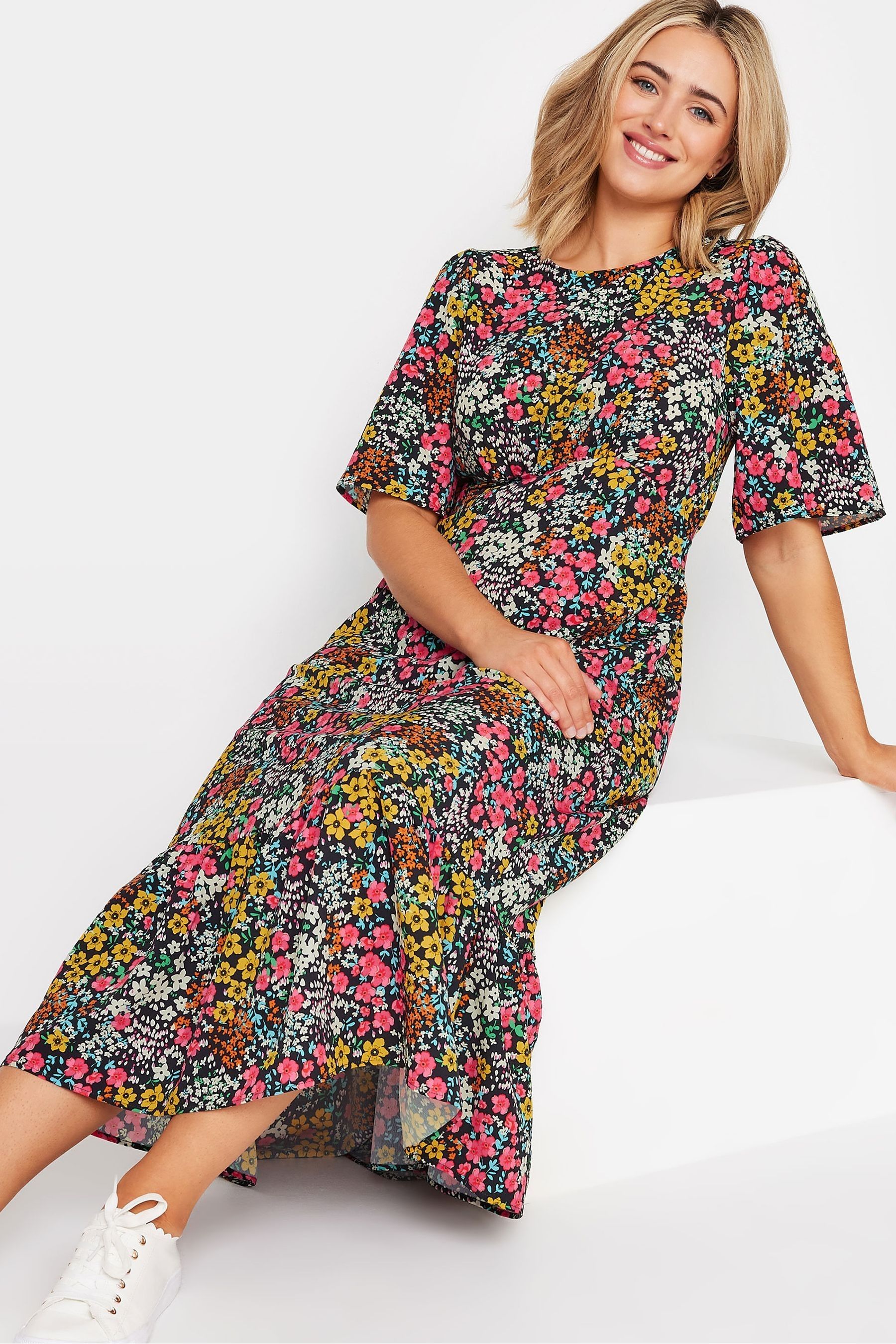 M Co Black Yellow Ditsy Floral Print Short Sleeve Midi Dress
