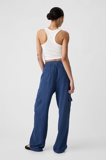 Gap Blue Linen Blend Wide Leg Cargo Pull On Trousers