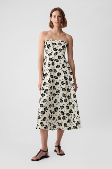 Gap Black / Cream Floral Linen-Blend Midi Dress