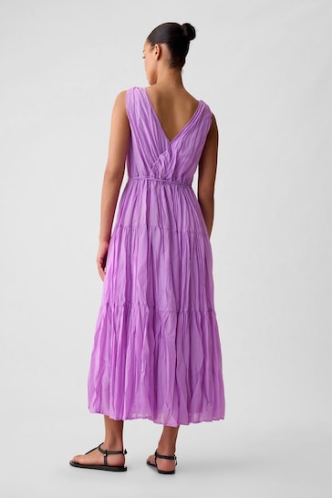 Gap Purple Pleated Tiered V Neck Midi Dress